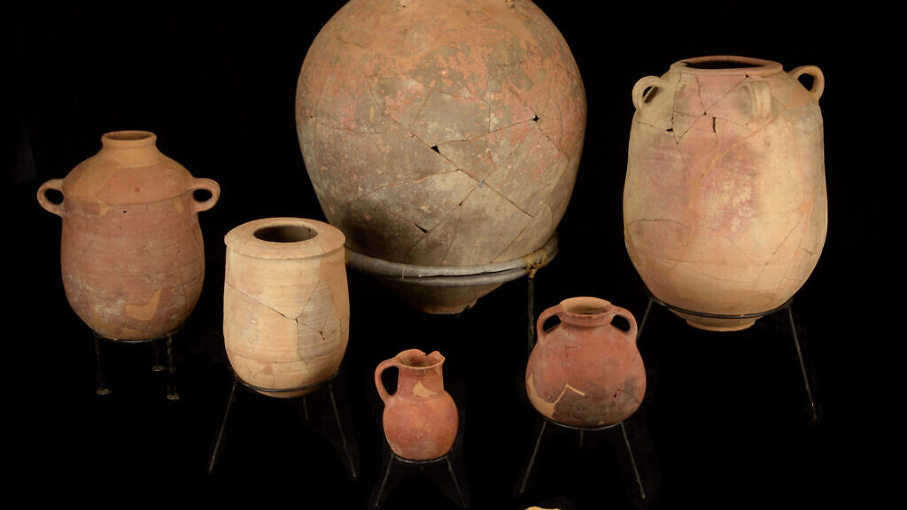 Photo: Vessels discovered in Jerusalem's City of David within a layer of destruction from the 8th century BCE, which coincided with a massive earthquake mentioned in the Bible. They are photographed after their restoration by Joseph Bocangolz. (Dafna Gazit / Israel Antiquities Authority)